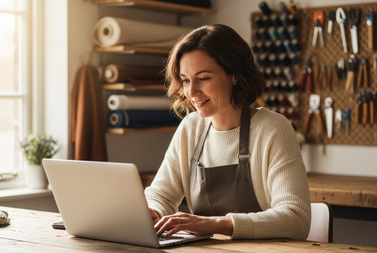 A business owner checking her business account on a laptop at her workbench