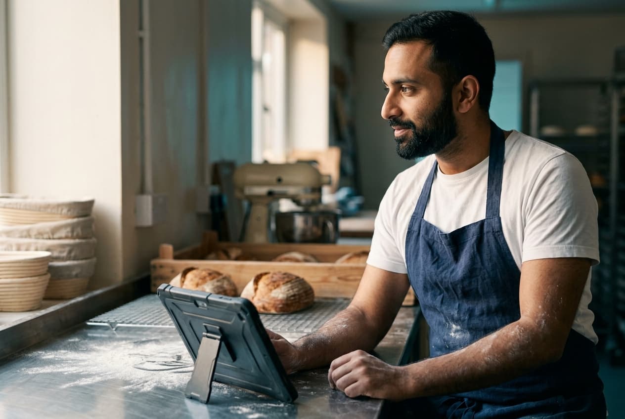 A UK bakery owner reviewing paperwork on a tablet at the counter