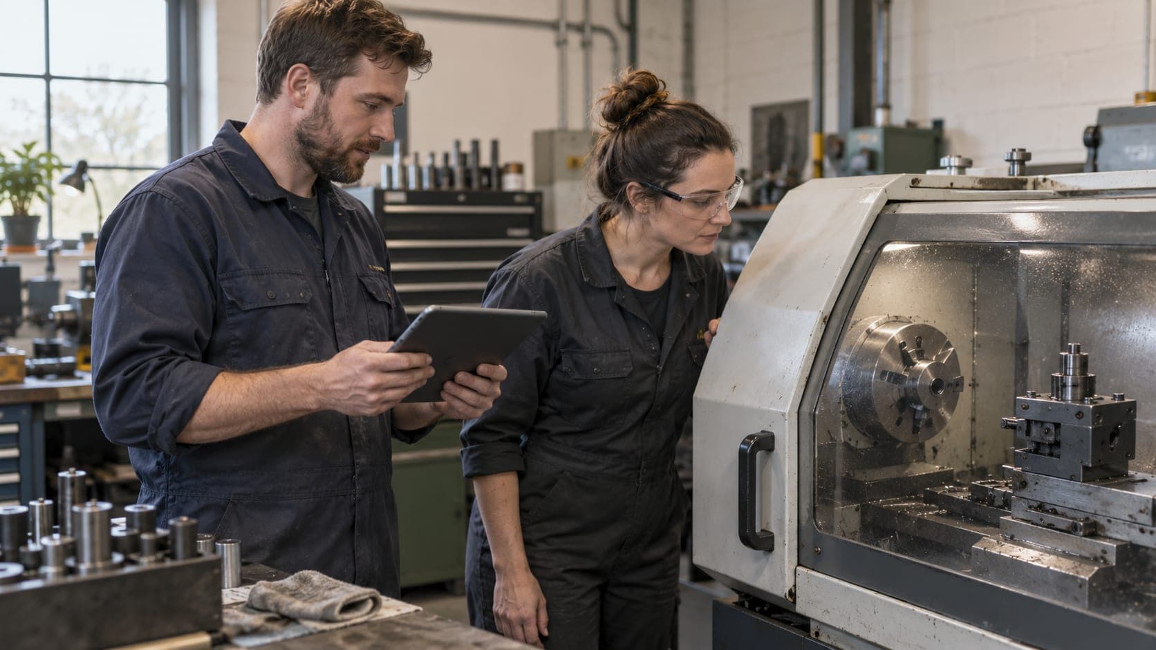 Engineering owner and machine operator reviewing equipment together in a workshop
