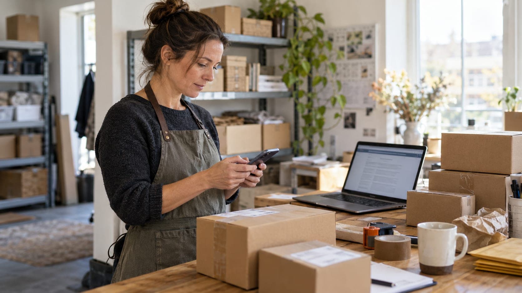 Online retailer checking account details beside parcels on a packing bench