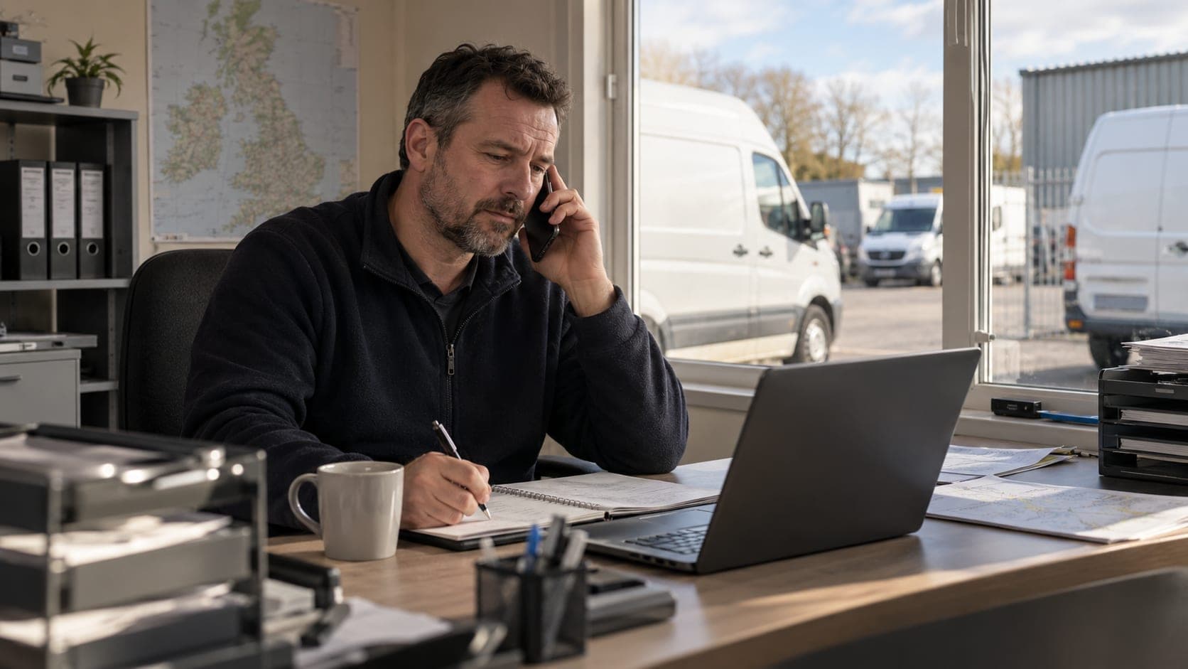 Courier business owner calling the bank from a busy yard office