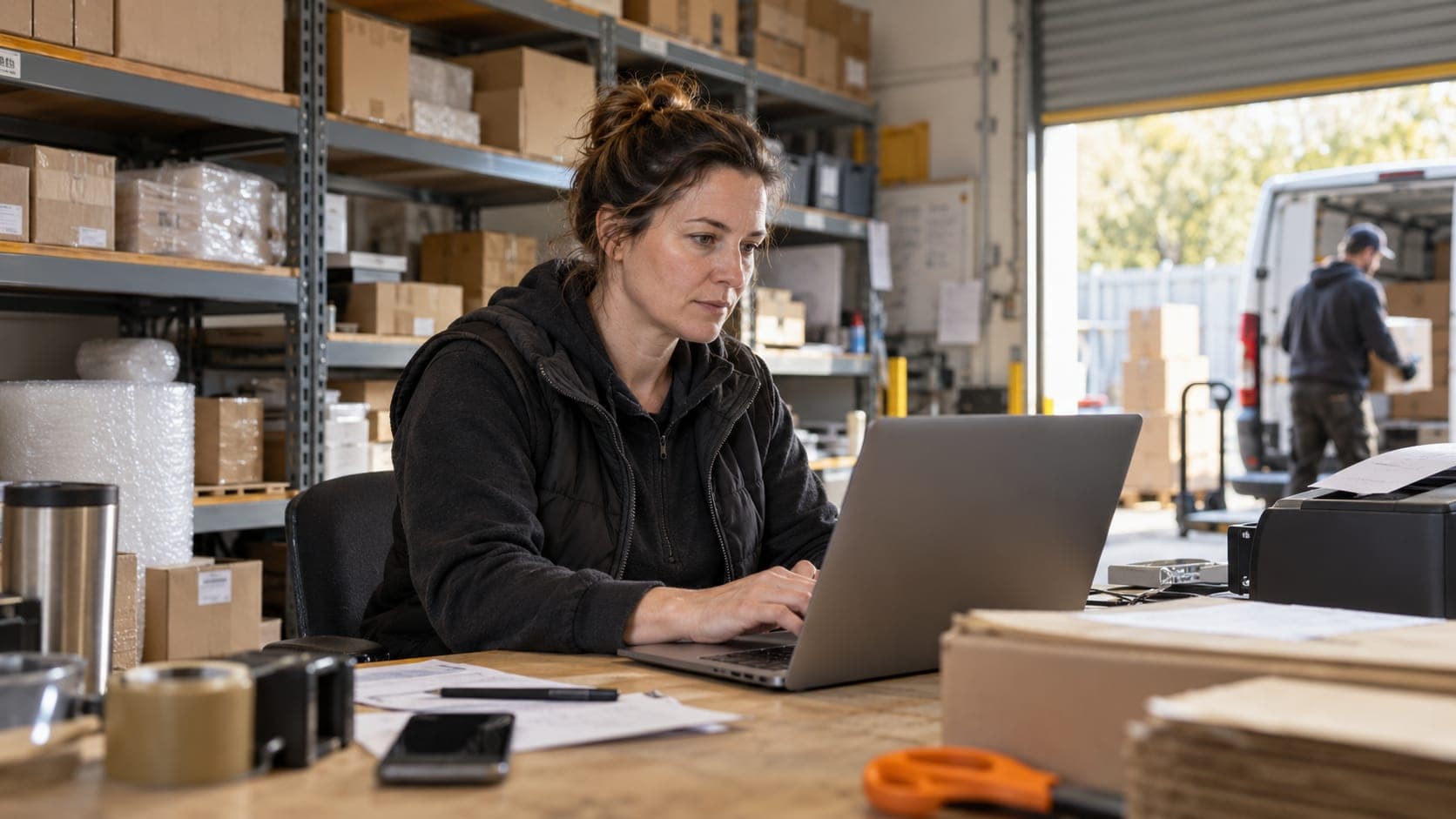 Wholesale business owner reviewing records on a laptop in a stockroom