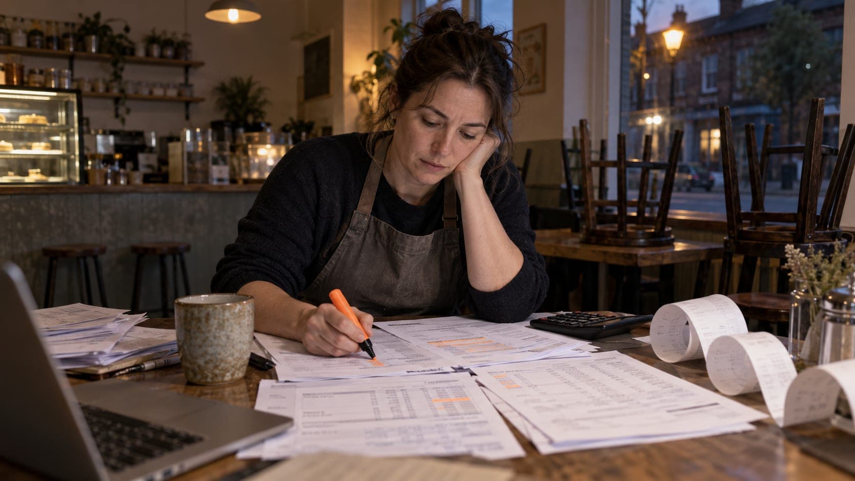 Cafe owner reviewing bank statements with a highlighter beside a till roll