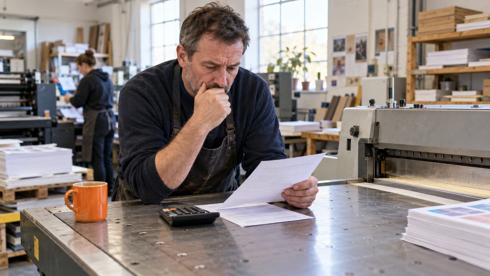 Print workshop owner checking an energy bill beside idle production equipment