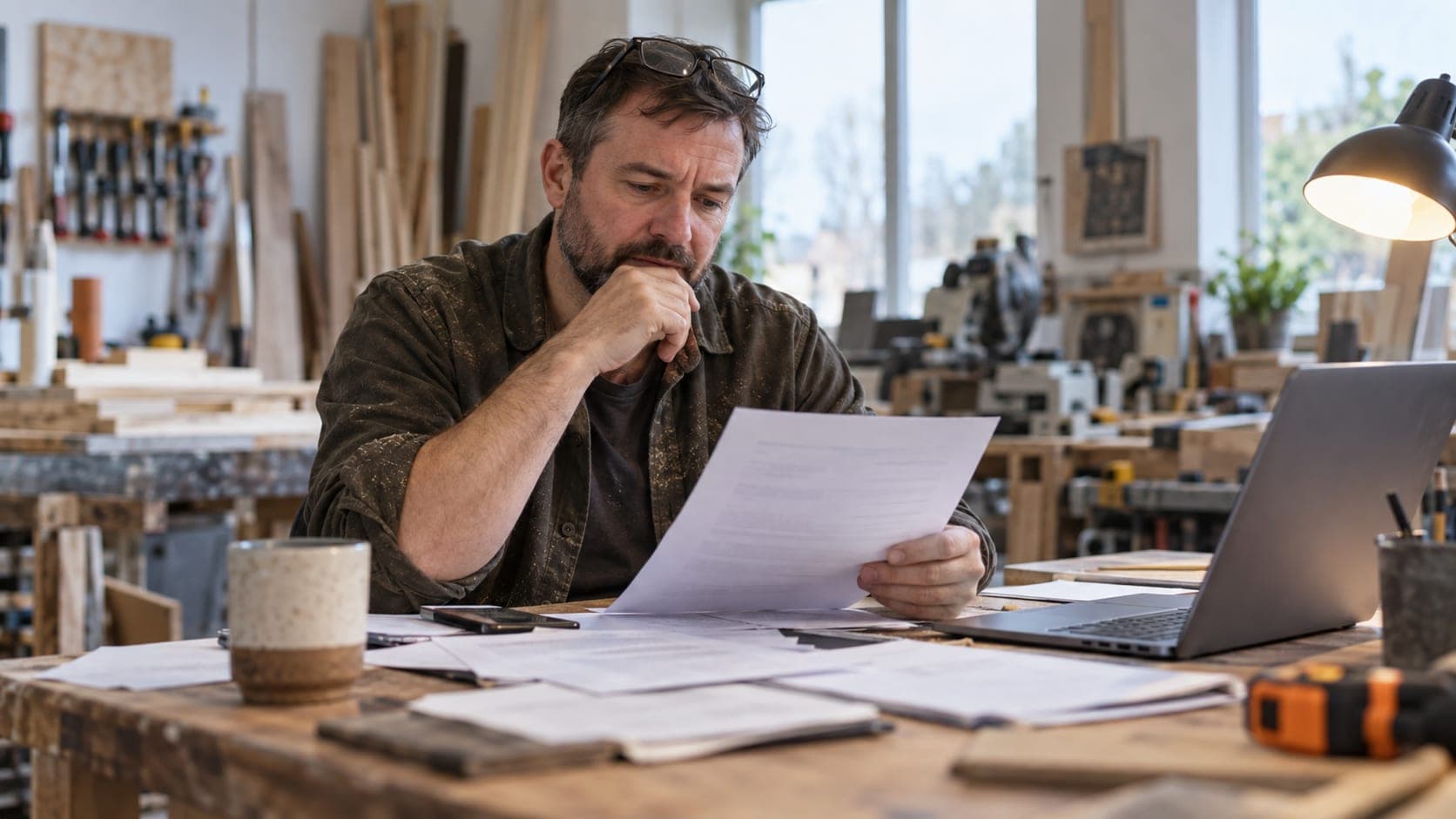 Joinery business owner reading an energy contract at a workshop desk