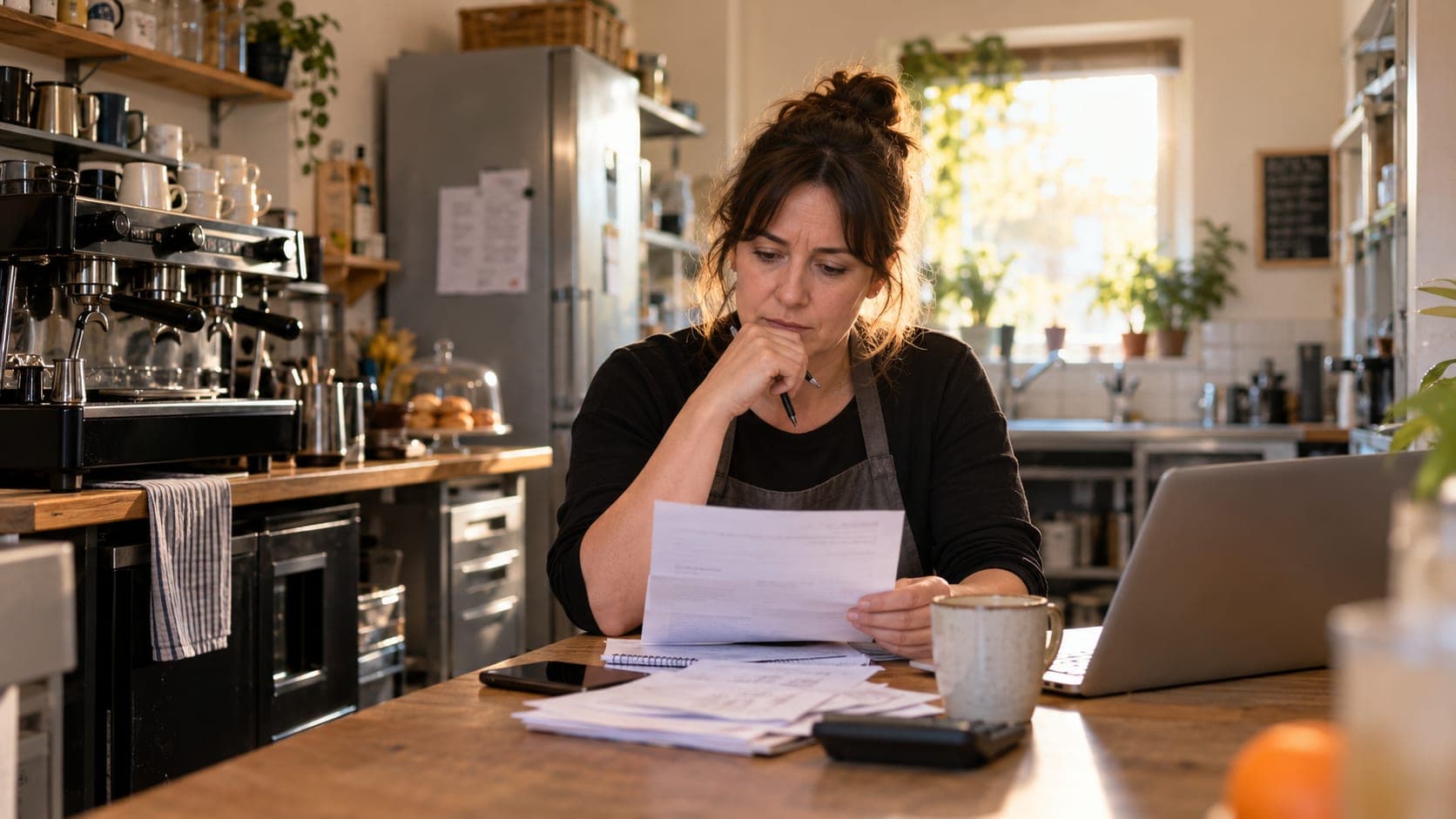 Cafe owner reading an energy bill at a small kitchen desk