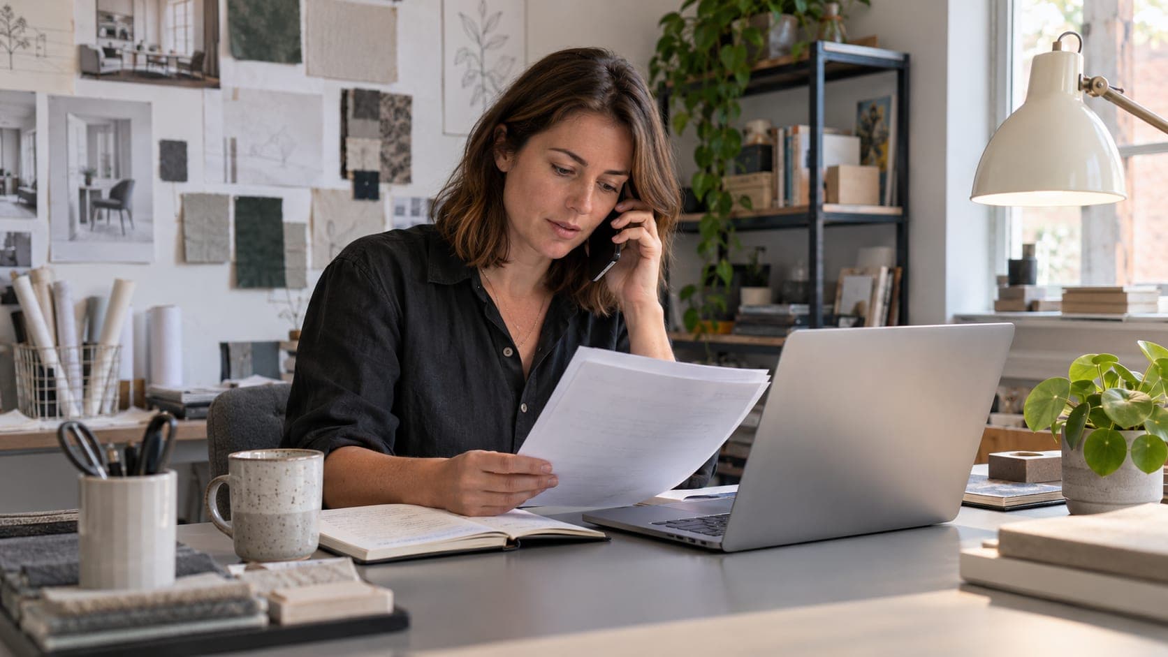 Design studio owner checking an insurance proposal while speaking on the phone