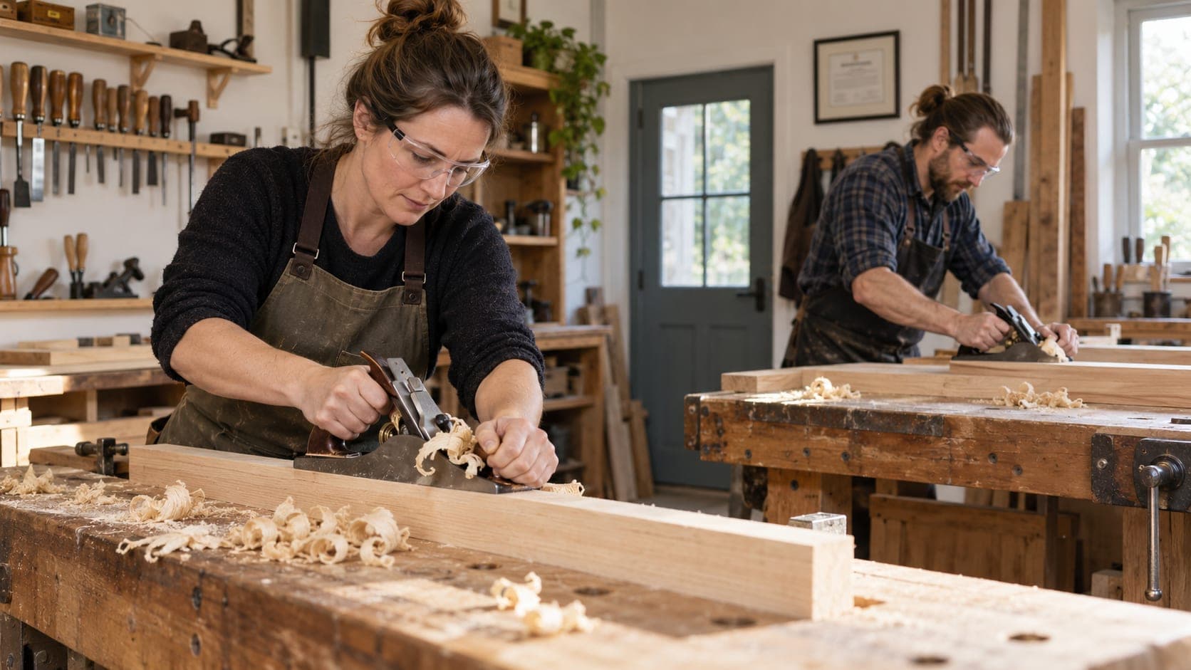 Two joinery workers at benches with an insurance certificate by the door