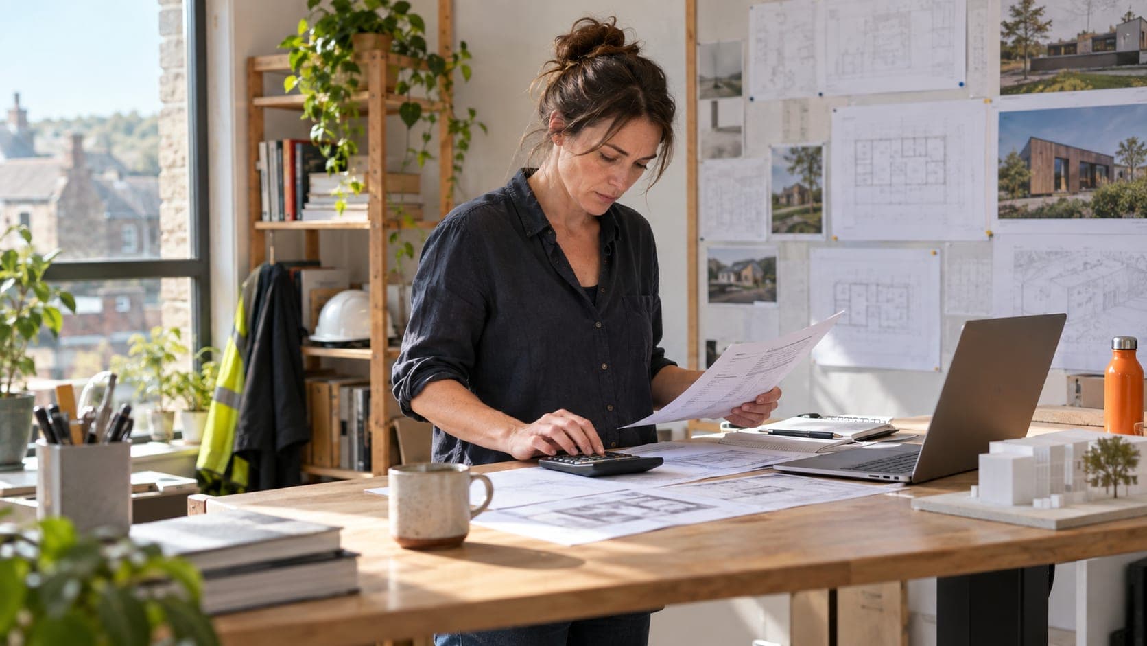 Architecture practice partner reviewing cash flow papers beside architectural drawings