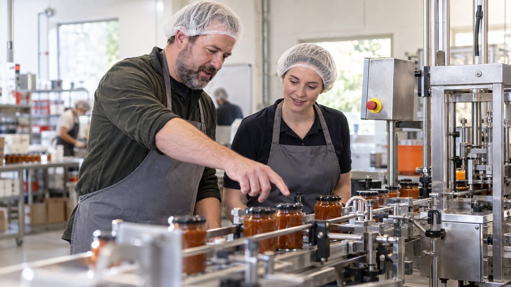 Food production owner and colleague inspecting a stainless steel bottling line