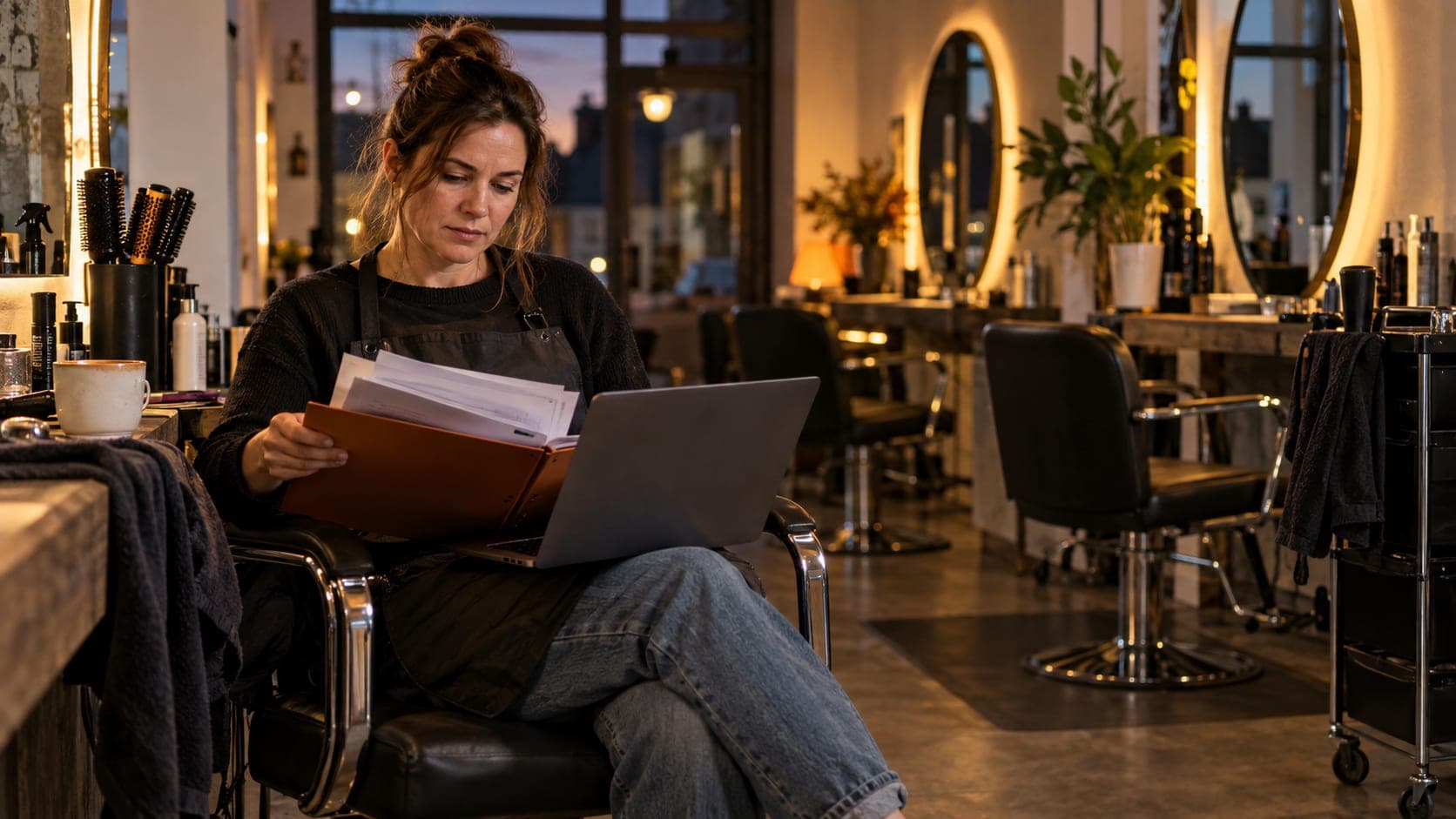 Salon owner reviewing complaint letters on a laptop after closing time