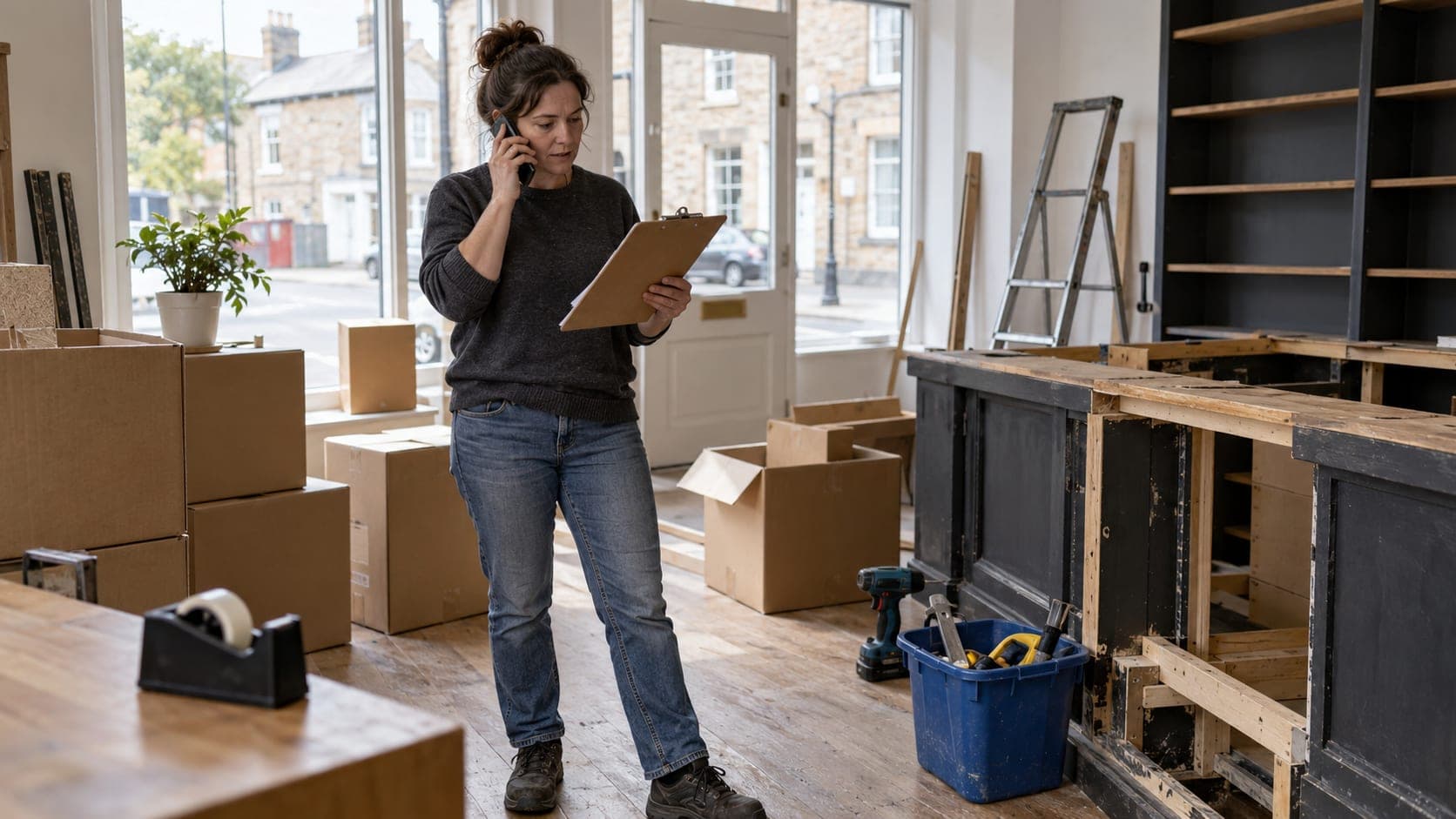 Business owner on a phone among moving boxes in a half-empty shop