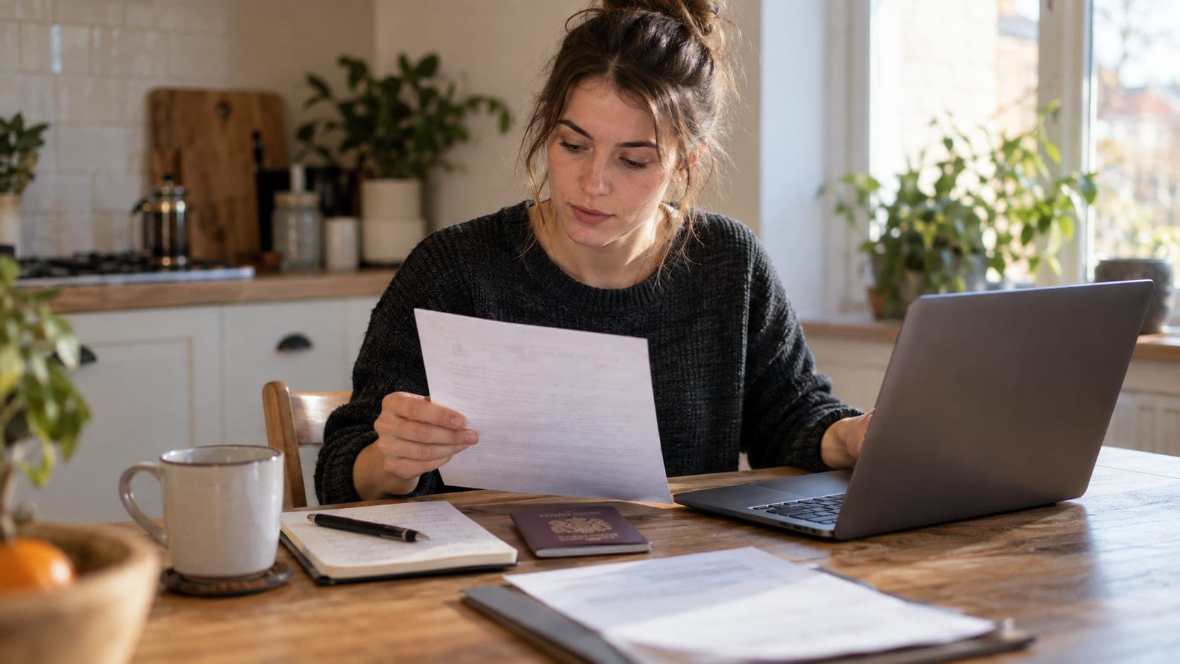 Founder reviewing incorporation paperwork beside a laptop and passport