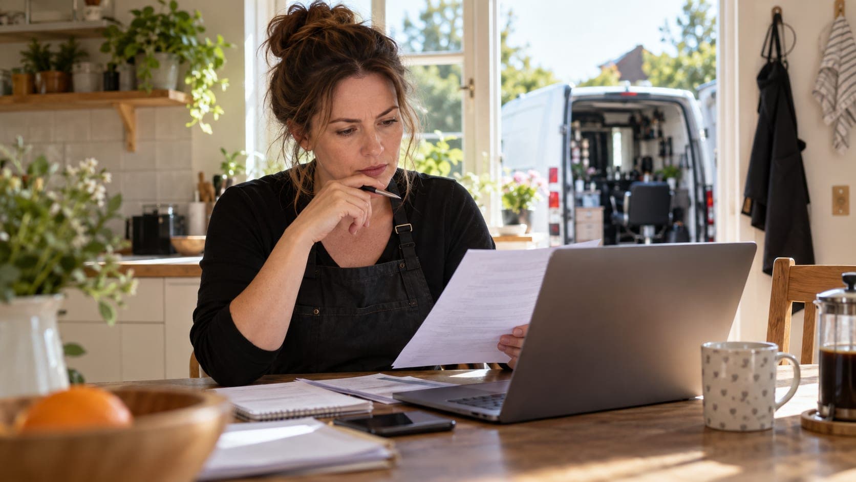 Mobile hairdresser reviewing an insurance renewal at a kitchen table