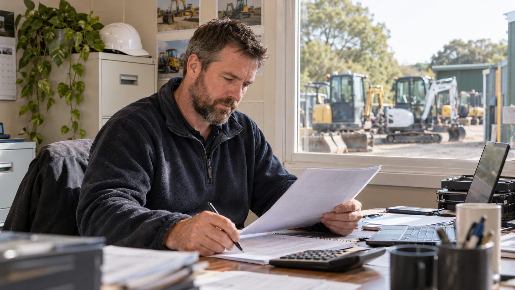 Plant hire owner reviewing a facility letter at a desk overlooking the yard