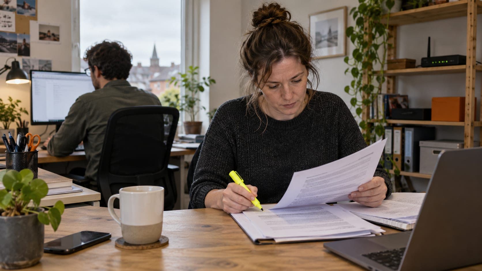 Office worker highlighting a contract with a router on the shelf