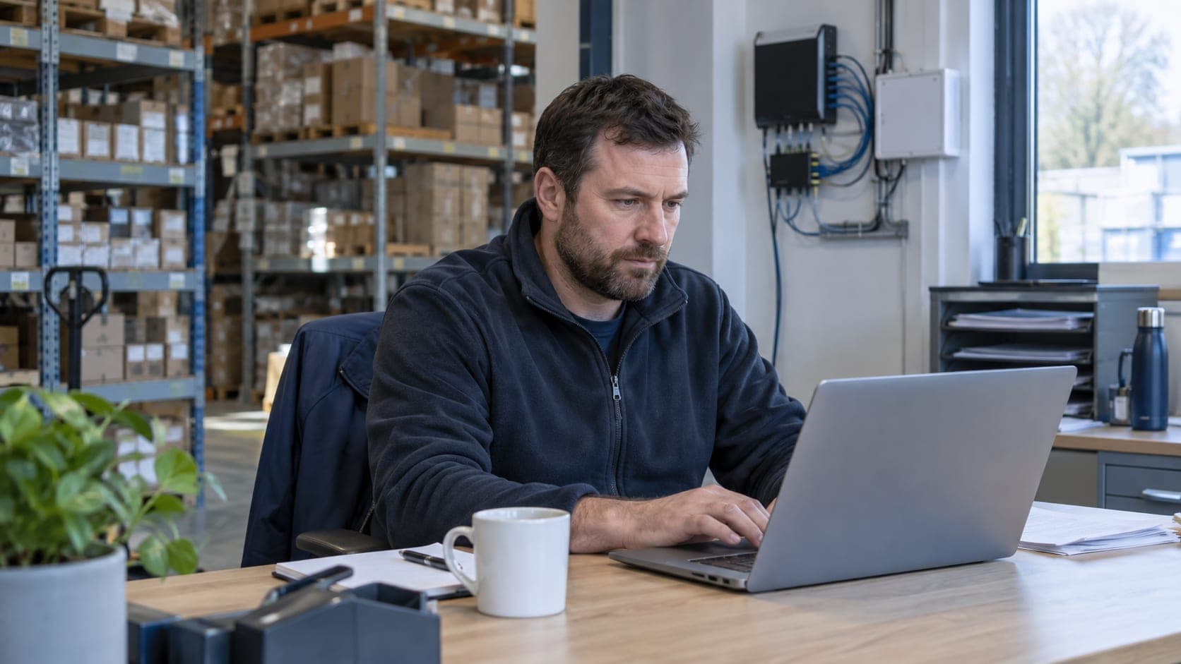 Engineer using a laptop beside neatly installed network equipment