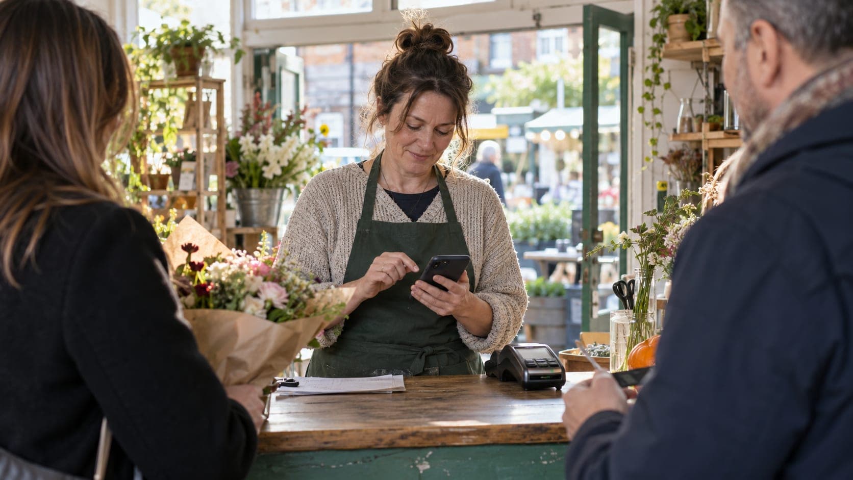Florist checking a phone beside a card terminal between customers