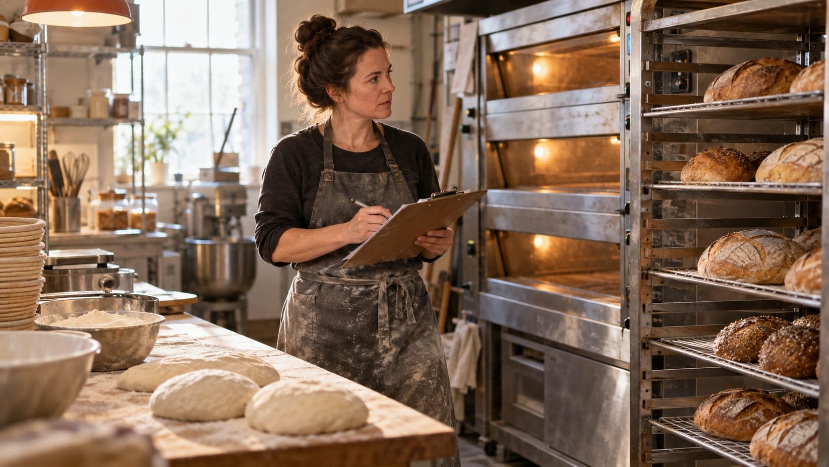 Bakery owner counting ovens and equipment with a clipboard beside bread racks