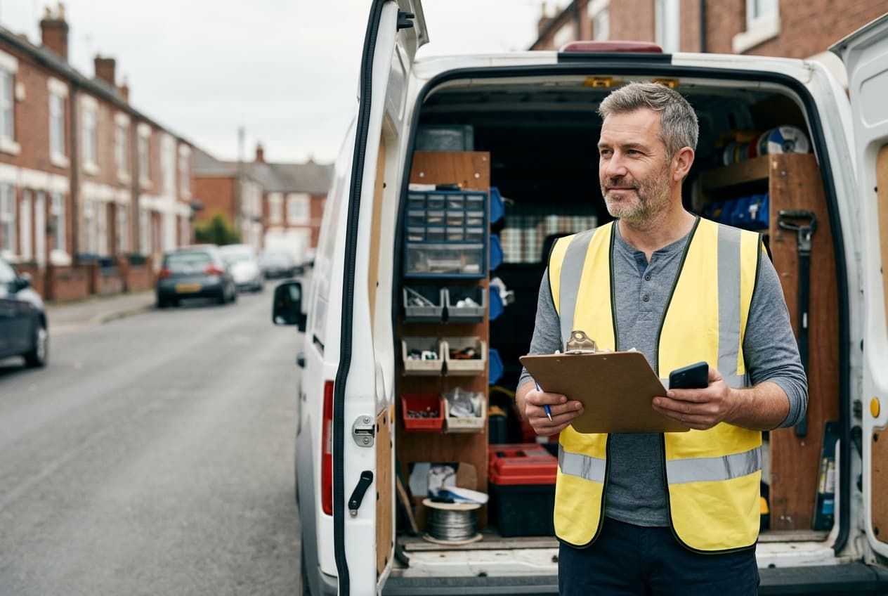 An electrician at the back of a work van