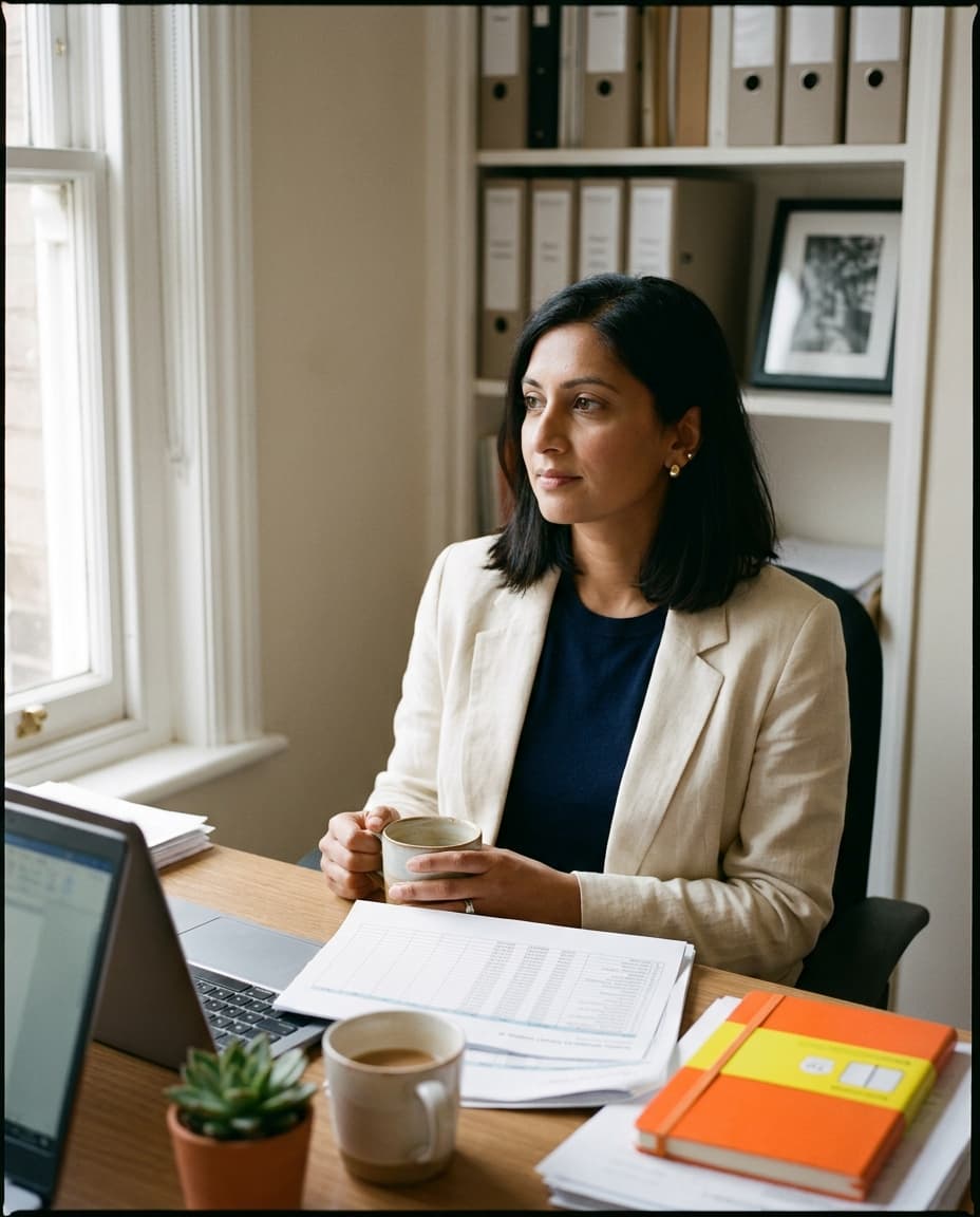 A business owner at her desk reviewing her accounts on a laptop.