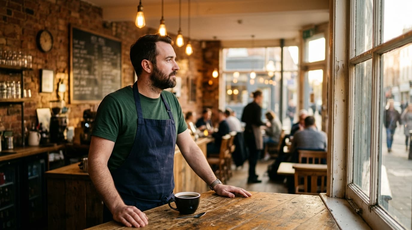 A UK independent café owner leaning on his counter looking out the window